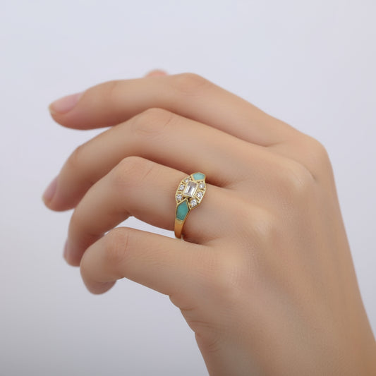 SAVAYA Art Deco Mavi Taş Detaylı Baget Yüzük - altın kaplama, zarif ve ayarlanabilir tasarım