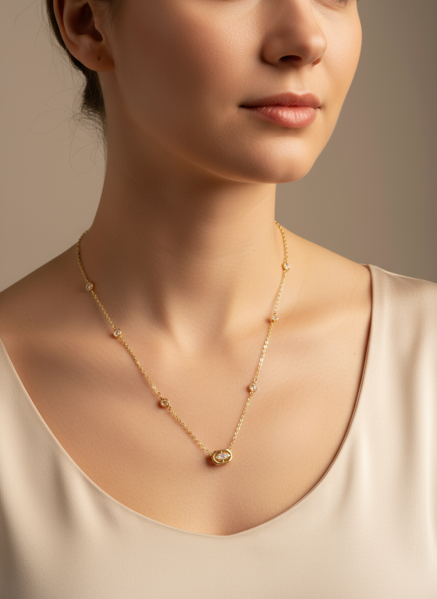 Baget Uçlu Bezel Taşlı Gold Zincir Kolye – SAVAYA zarif takı koleksiyonu