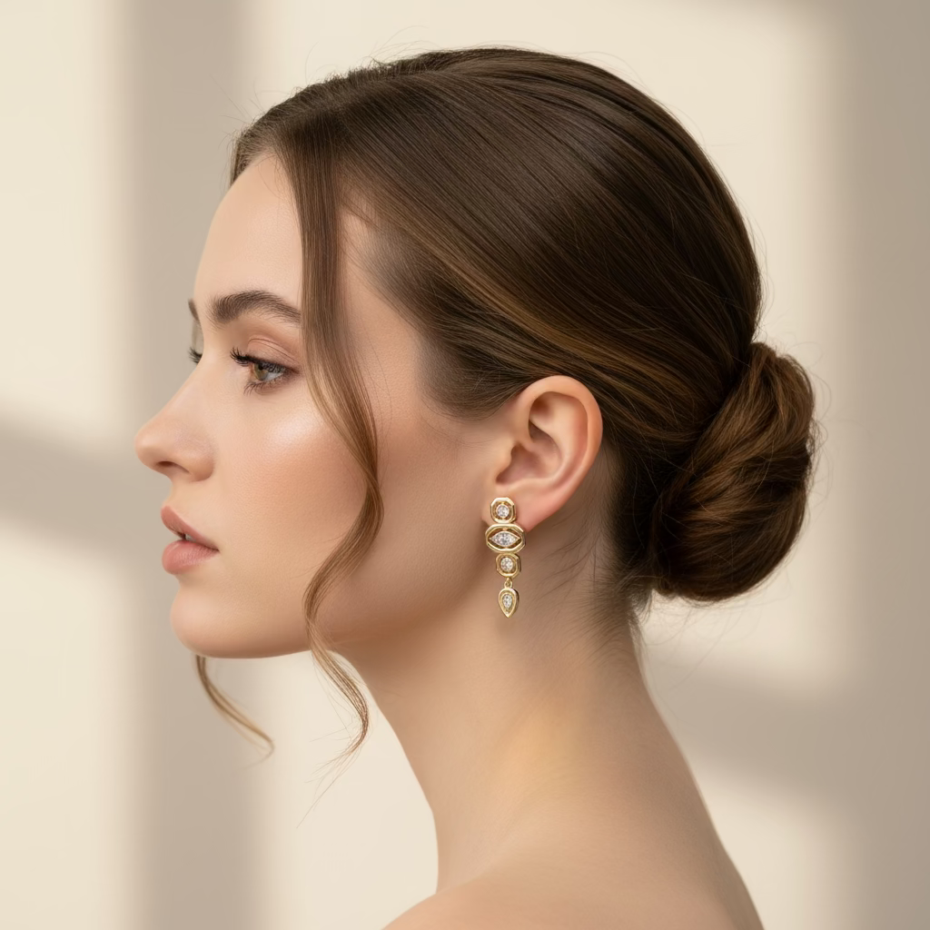 Baget ve damla taşlarla tasarlanmış altın göz model küpe – SAVAYA koleksiyonuna ait zarif ve ışıltılı tasarım.