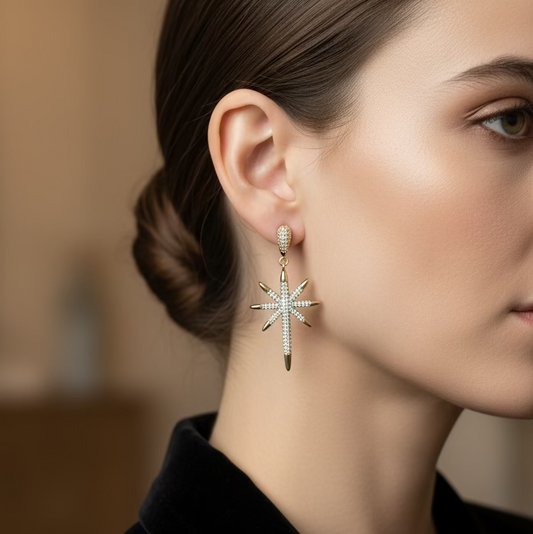 Gold Celestial North Star zirkon taşlı kadın küpe – SAVAYA modern zarif yıldız form sallantılı küpe