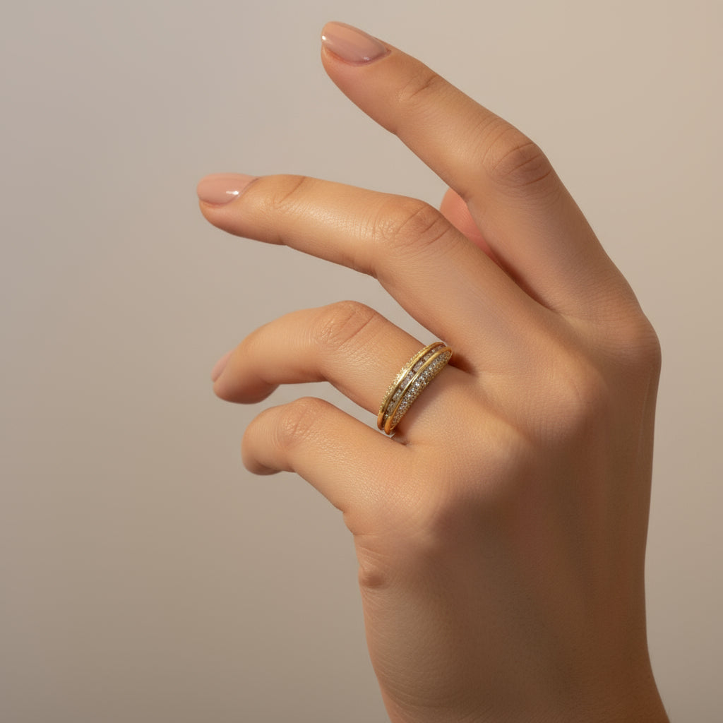 Double Row Pavé Çift Sıra Zirkon Ayarlanabilir Gold Yüzük - SAVAYA