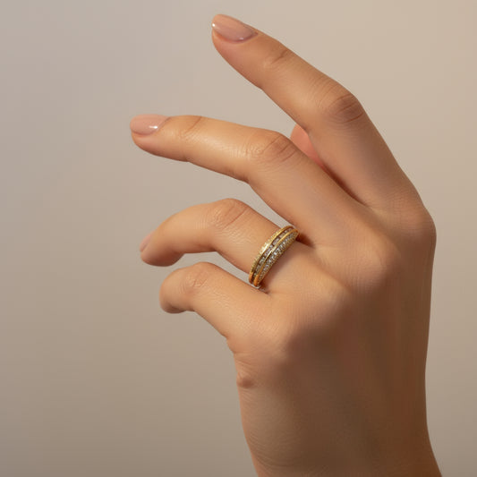 Double Row Pavé Çift Sıra Zirkon Ayarlanabilir Gold Yüzük - SAVAYA