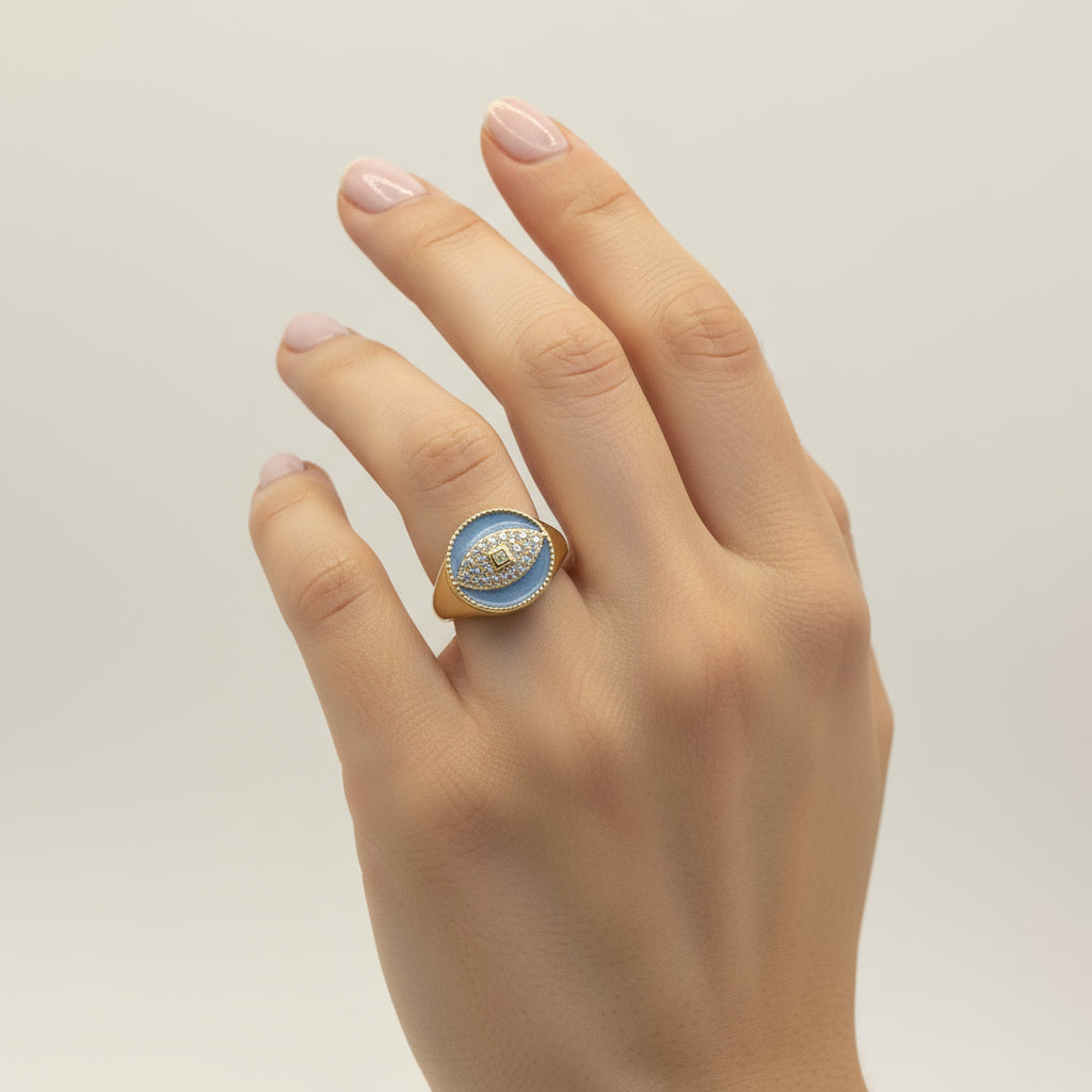 Oval halo baget taşlı gold yüzük – SAVAYA minimal modern zirkon taşlı kadın yüzük