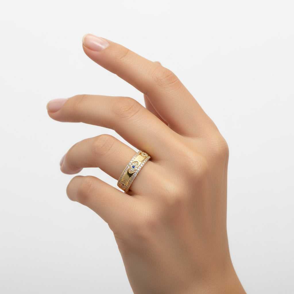 Altın kaplama nazar detaylı ayarlanabilir paslanmaz çelik yüzük