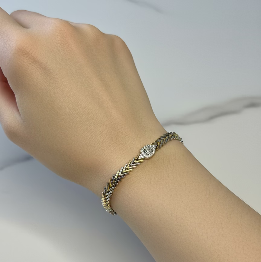 Zirkon Taşlı Baget Balık Sırtı Gold Bileklik – SAVAYA zarif takı koleksiyonu