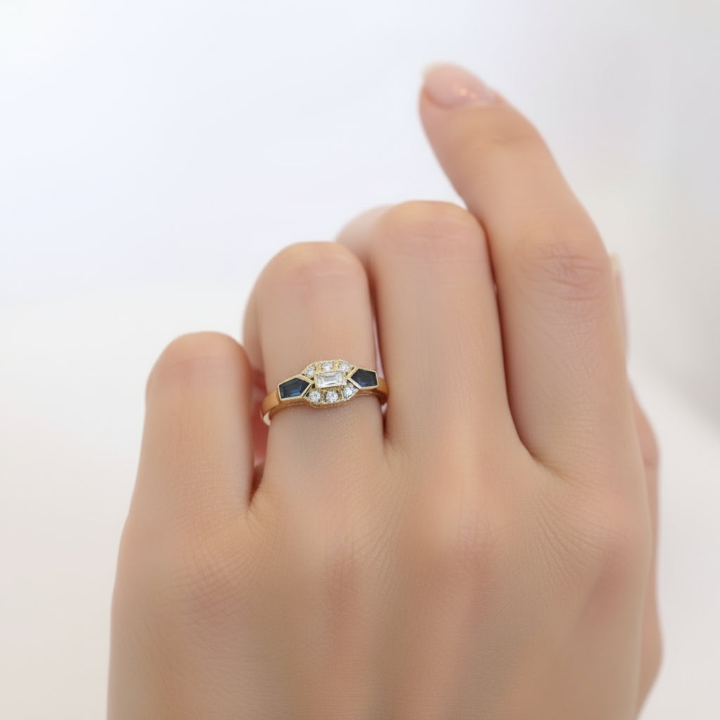 SAVAYA Art Deco Mavi Taş Detaylı Baget Yüzük - altın kaplama, zarif ve ayarlanabilir tasarım