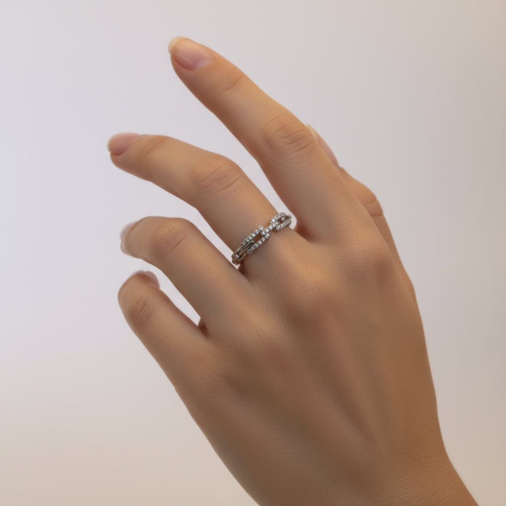 Silver zincir detaylı baget taşlı ayarlanabilir modern yüzük - SAVAYA