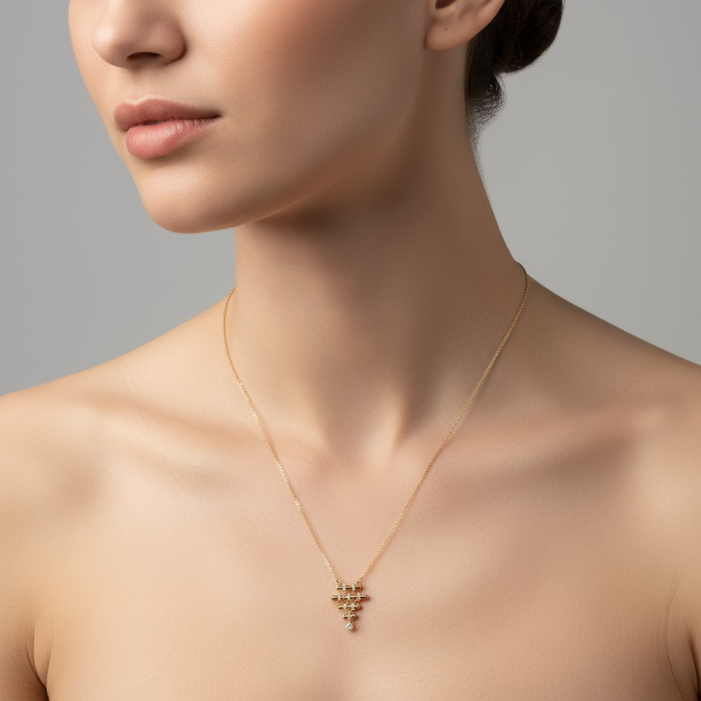 Baget piramit model zirkon taşlı gold kolye – geometrik formlu, zarif taş dizilimli SAVAYA tasarımı kadın kolye