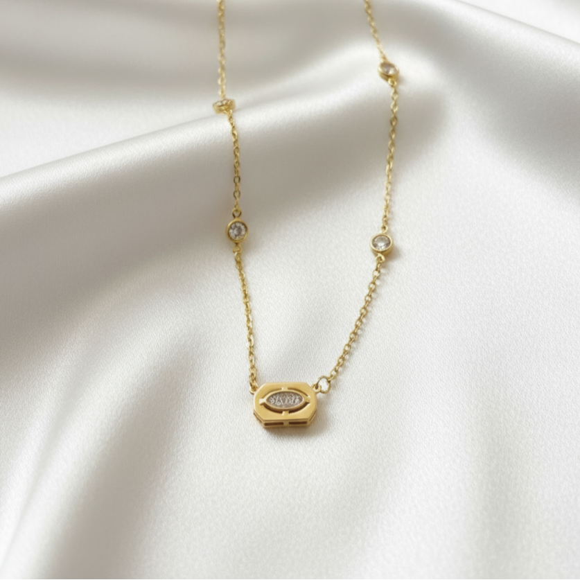 Baget Uçlu Bezel Taşlı Gold Zincir Kolye – SAVAYA zarif takı koleksiyonu