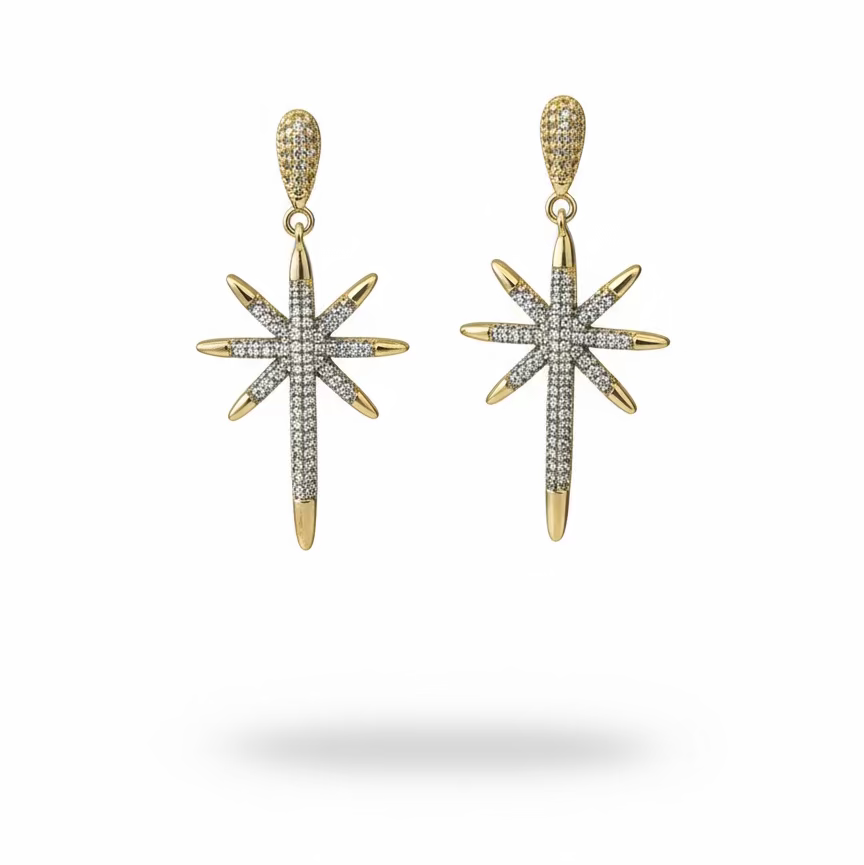 Gold Celestial North Star zirkon taşlı kadın küpe – SAVAYA modern zarif yıldız form sallantılı küpe