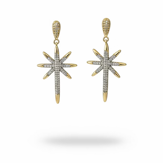 Gold Celestial North Star zirkon taşlı kadın küpe – SAVAYA modern zarif yıldız form sallantılı küpe