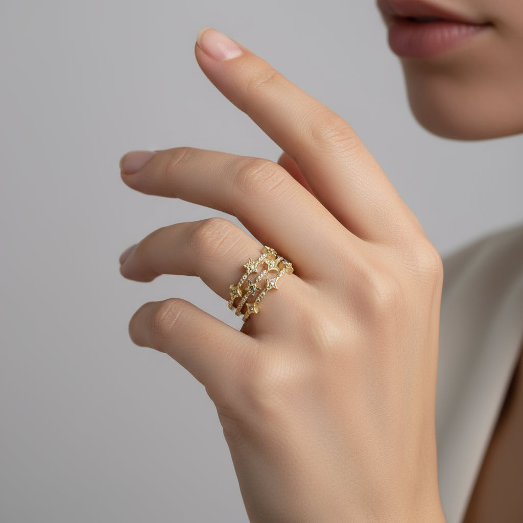 Constellation yıldızlı ayarlanabilir gold zirkon taşlı yüzük – SAVAYA