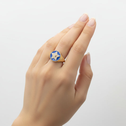 Lacivert mineli yıldız motifli gold yüzük – SAVAYA Celestial Navy Enamel Ring