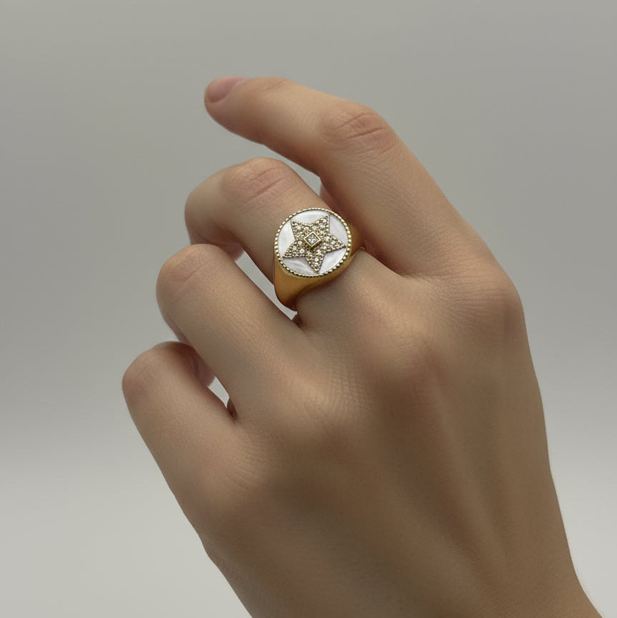 Lacivert mineli yıldız motifli gold yüzük – SAVAYA Celestial Navy Enamel Ring