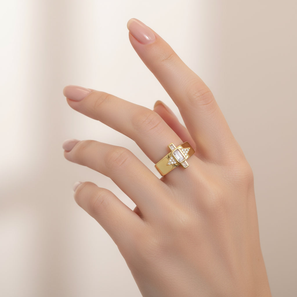 Modern baget taşlı altın kaplama ayarlanabilir yüzük ürün fotoğrafı