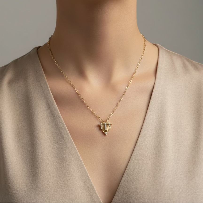 Serenay model zirkon taşlı gold kolye – geometrik formlu modern zincir kolye, SAVAYA tasarımı, zarif ışıltılı gold kadın kolyesi