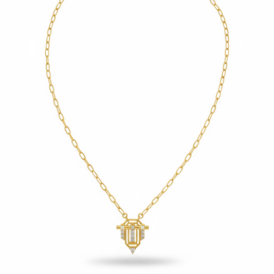 Serenay model zirkon taşlı gold kolye – geometrik formlu modern zincir kolye, SAVAYA tasarımı, zarif ışıltılı gold kadın kolyesi