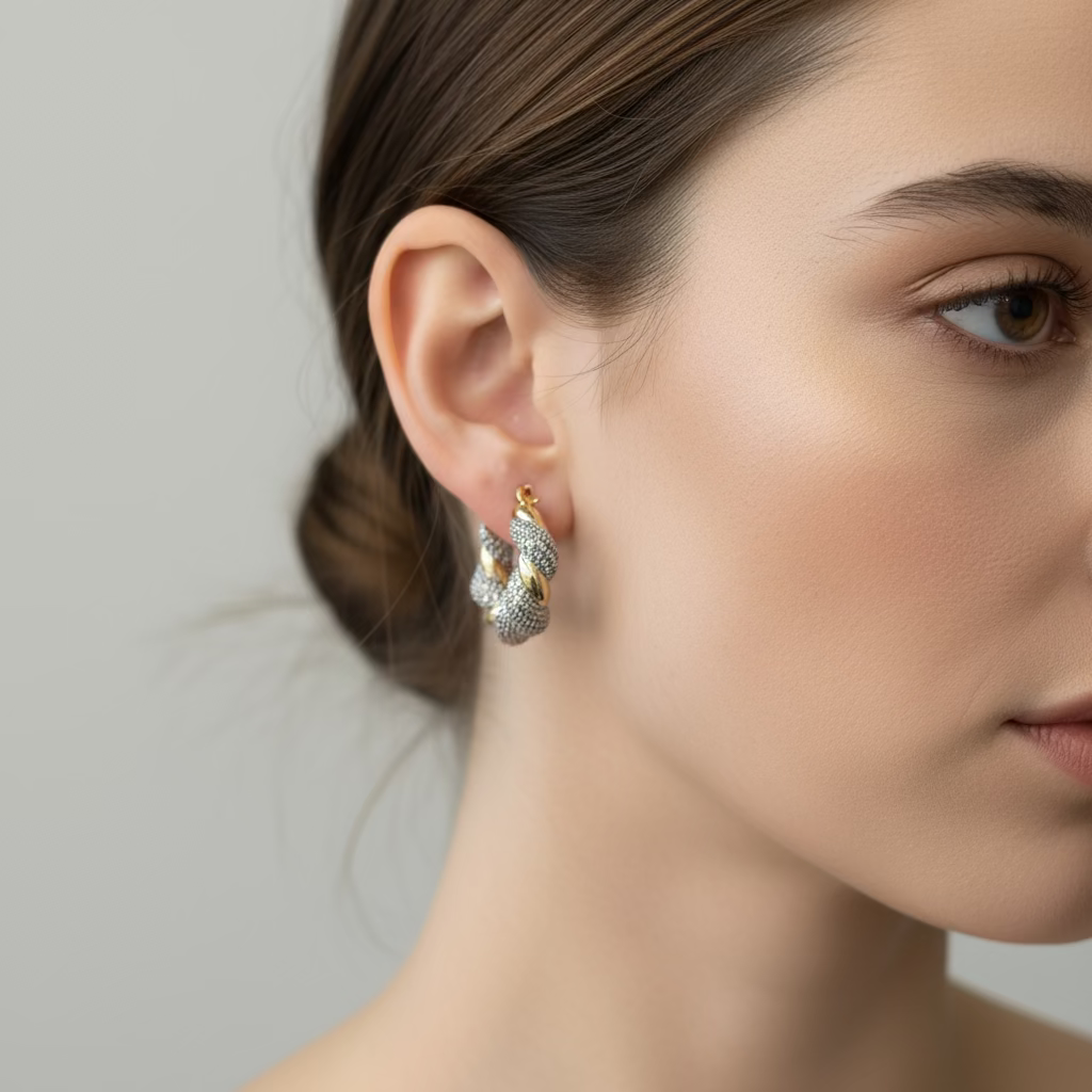 İtalyan model bükümlü halka küpe – SAVAYA koleksiyonuna ait zarif ve modern tasarım.