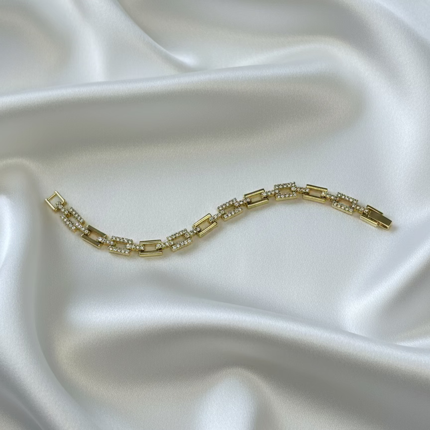 Zirkon Taşlı Dikdörtgen Link Gold Bileklik