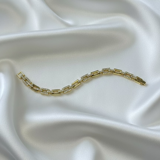 Zirkon Taşlı Dikdörtgen Link Gold Bileklik