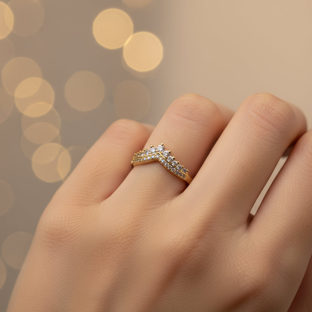 Zirkon taşlı taç form gold yüzük – SAVAYA Celestial Crown Ring